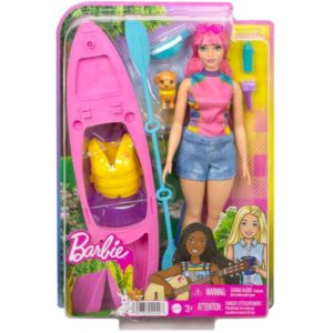 Mattel Barbie It Takes Two - Camping Playset With Curvy Daisy Doll with Pink Hair, Pet Puppy Kayak (HDF75).