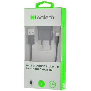 LAMTECH WALL CHARGER 2.1A WITH LIGHTNING CABLE 1M BLACK LAM020151