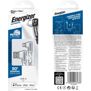 Καλώδιο σύνδεσης Energizer 90° Metal / Braided Nylon 2.0A USB σε Lightning Apple Certified MFI 2m Λευκό.