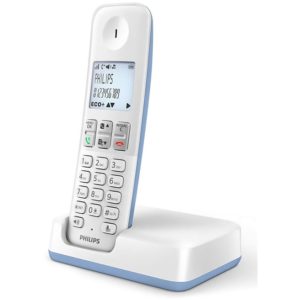 PHILIPS ασύρματο τηλέφωνο D2501S-34, με ελληνικό μενού, λευκό-μπλε D2501S-34.( 3 άτοκες δόσεις.)