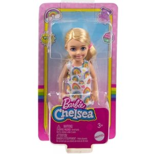 Mattel Barbie Club Chelsea Mini Girl Doll - Blonde Wearing Rainbow-print Dress and Yellow Shoes (HGT02).