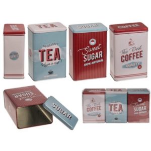 Μεταλλικά κουτιά ρετρό, Καφές, Τσάι - Ζάχαρη, σετ 3 τμχ, Υ19 x11 x7,5 εκ./κουτί.