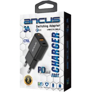 Φορτιστής Ταξιδίου Switching Ancus Supreme Series C70L Dual Fast Charge USB/USB-C Έξοδο QC3.0 PD 20W Μαύρο με LED.
