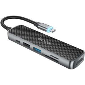 Hub USB-C Hoco HB24 6 in 1 Easy display HDMI USB3.0, USB2.0, SD, Micro-SD, TF, PD 4K / 30Hz 60W Carbon.