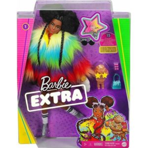 Mattel Barbie Extra: Dark Skin Doll with Rainbow Coat (GVR04).