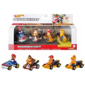 Mattel Hot Wheels: Mario Kart 4 Pack Vehicles (Mario, Donkey Kong, Diddy Kong, Orange Yoshi) (HDB22).