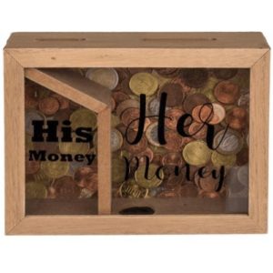 Κουμπαράς - κορνίζα ξύλινος με δύο θήκες «His money - Her money», Υ15x20x5εκ..