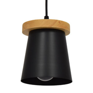 GloboStar® LANA 01424 Μοντέρνο Κρεμαστό Φωτιστικό Οροφής Μονόφωτο με Ξύλινη Βάση και Μαύρο Καπέλο Φ13 x Y17cm