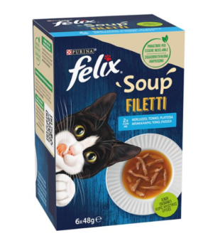 Υγρή Τροφή - Σούπα για Ενήλικες Γάτες Felix Soups Fillet Πολυσυσκευασία (6 Τεμ. x 48gr) με Μπακαλίαρο, Τόνο & Γλώσσα