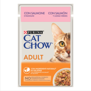 Υγρή Τροφή Cat Chow Adult, Πλήρης Τροφή για Ενήλικες Γάτες με Σολομό & Πράσινα Φασολάκια σε Ζελέ 85gr