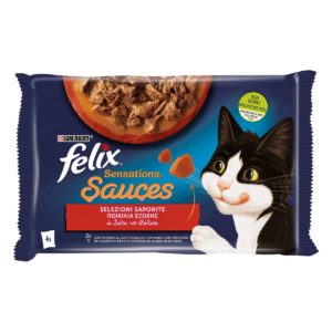 Υγρή Τροφή για Ενήλικες Γάτες Felix Sensation Sauces Πολυσυσκευασία (4 Τεμ. x 85gr) με Γαλοπούλα σε Σάλτσα με γεύση Μπέικον και Βοδινό με Ντομάτα - Economy Pack (3 Πολυσυσκευασίες)