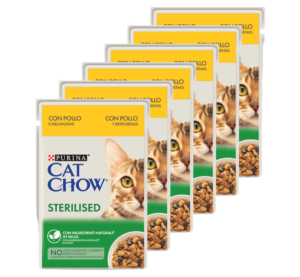 Υγρή Τροφή Cat Chow Sterilised σε Φακελάκι Πλήρης τροφή για Ενήλικες Στειρωμένες Γάτες Πλούσια σε Κοτόπουλο & Μελιτζάνες σε Σάλτσα, Economy Pack 6 Τεμ. x 85gr