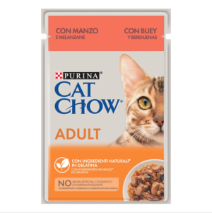 Υγρή Τροφή Cat Chow Adult, Πλήρης Τροφή για Ενήλικες Γάτες με Βοδινό & Μελιτζάνες σε Ζελέ 85gr