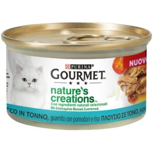Υγρή Τροφή για Ενήλικες Γάτες Gourmet Nature s Creations Πλούσιο σε Τόνο, Γαρνιρισμένο με Ντομάτες και Ρύζι Economy Pack 4 Τεμ. x 85 gr