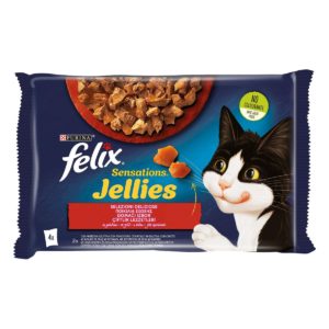 Υγρή Τροφή για Ενήλικες Γάτες Felix Sensation Jellies Πολυσυσκευασία (4 Τεμ. x 85gr) με Βοδινό με Ντομάτα & Κοτόπουλο με Καρότο σε Ζελέ