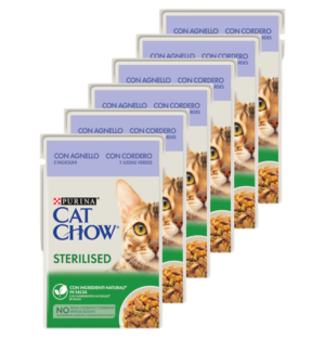 Υγρή Τροφή Cat Chow Sterilised σε Φακελάκι Πλήρης Τροφή για Ενήλικες Στειρωμένες Γάτες Πλούσια σε Αρνί & Φασολάκια σε Σάλτσα, Economy Pack 6 Τεμ. x 85gr