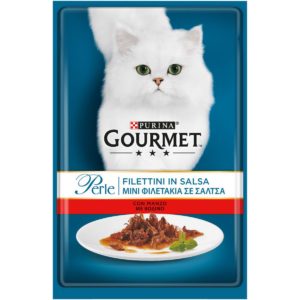 Υγρή Τροφή για Ενήλικες Γάτες Gourmet Perle με Φιλετάκια Βοδινού σε Σάλτσα, Economy Pack 6 Τεμ. x 85gr (5+1 Δώρο)