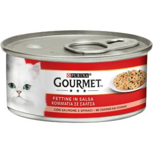 Υγρή Τροφή για Ενήλικες Γάτες Purina Gourmet Κομματάκια Σολομού και Σπανάκι σε Σάλτσα 195gr