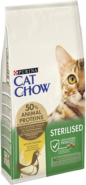 Ξηρά Τροφή Purina Cat Chow Sterilized Ειδικά Σχεδιασμένη να Βοηθά στην Εξισορρόπηση της Επίδρασης των Ορμονικών Αλλαγών που Σχετίζονται με τη Στείρωση.Πλούσια σε Κοτόπουλο 1.5kg