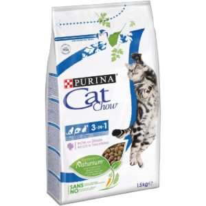 Ξηρά Τροφή Purina Cat Chow Feline 3 In 1 Βοηθά τον Έλεγχο του Σχηματισμού των Τριχοβεζωαρίων, τη Φροντίδα των Δοντιών και την Υγεία του Ουροποιητικού Συστήματος με τη Φόρμουλα 3 σε 1 Πλούσια σε Γαλοπούλα 1.5 Kg