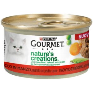 Υγρή Τροφή για Ενήλικες Γάτες Gourmet Nature s Creations Πλούσιο σε Βοδινό, Γαρνιρισμένο με Αρακά και Καρότα 85gr