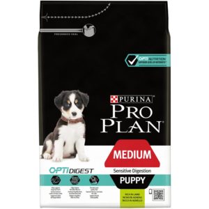 Ξηρά Τροφή Pro Plan Medium Puppy Sensitive Digestion με Optidigest για μεσαίου μεγέθους κουτάβια με ευαίσθητη πέψη. Επίσης, κατάλληλη για έγκυες/θηλάζουσες σκύλες. Αρνί 3kg