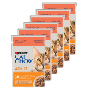 Υγρή Τροφή Cat Chow Adult, Πλήρης Τροφή για Ενήλικες Γάτες με Βοδινό & Μελιτζάνες σε Ζελέ, Economy Pack 6 Τεμ. x 85gr