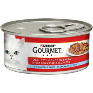 Υγρή Τροφή για Ενήλικες Γάτες Purina Gourmet Μικρά κομματάκια Πέστροφας και Σολομού σε Σάλτσα, Economy Pack 4 Τεμ.x195gr