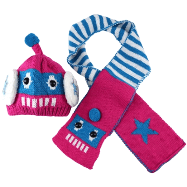 2pcs Cute Baby Child Robot Shape Star Smile Face Hat Striped Scarf rose madder