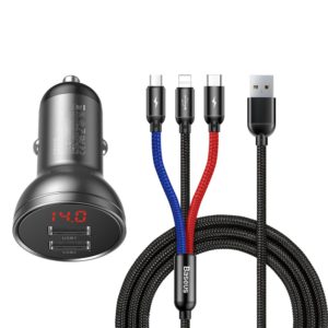 Baseus Digital Display Dual USB 4.8A Car Charger 24W + 3in1 USB - UBS Type C micro USB Lightning 12m cable black TZCCBX-0G