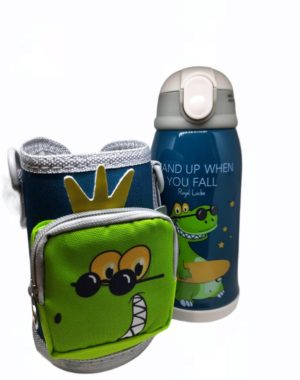 Παγούρι-Θερμός 550ml Stainless steel Straw Cup Childrens Insulated Bottle with Double Lid and Cartoon Cup Cover Little Crocodile