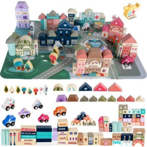 Σετ Ξύλινα Τουβλάκια 115 τεμαχίων και puzzle κατάλληλο για παιδιά 3 ετών και ανω 54x42 cm Wooden Blocks City - Aria Trade