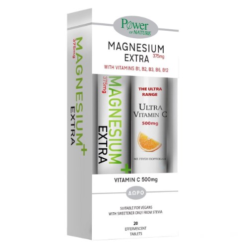 Power Of Nature Magnesium Extra 375mg 20 αναβράζοντα δισκία Vitamin C 500mg 20 αναβράζοντα δισκία.