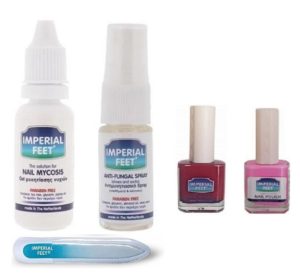 Imperial Feet Set 8 θεραπεία της μυκητίασης των νυχιών με : Nail Mycosis Gel 20ml + Anti-fungal spray 10ml + Fungal nails polish Κόκκινο και Ροζ 2x13ml + Γυάλινη Λϊμα ΔΩΡΟ