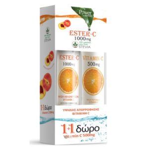 Power Of Nature Ester C 1000mg 20 αναβράζοντα δισκία Vitamin C 500mg 20 αναβράζοντα δισκία Ροδάκινο Πορτοκάλι.