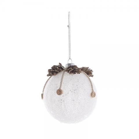 Χριστουγεννιάτικη γυάλινη μπάλα σε λευκό χρώμα, με κουκουνάρια 8 cm inart