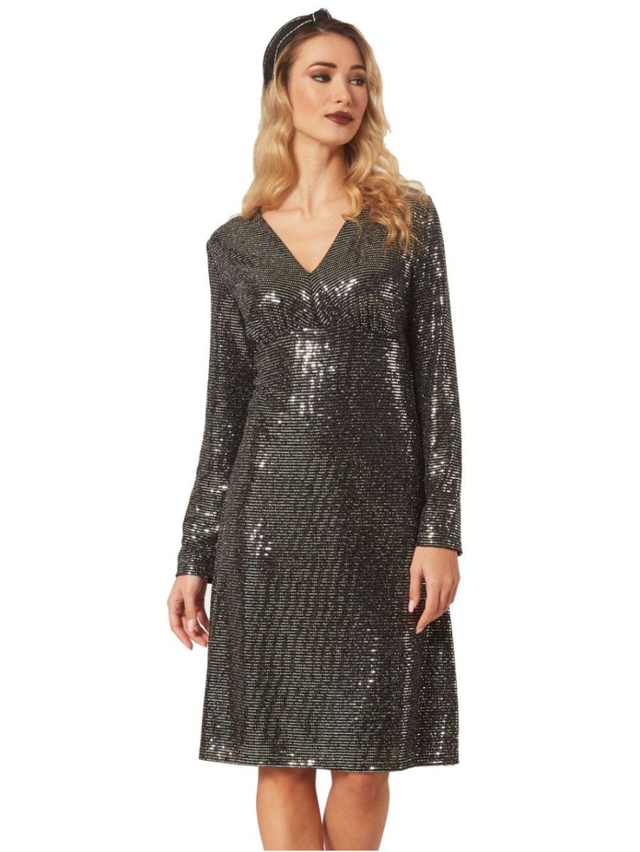 ANNA RAXEVSKY Ασημί φόρεμα από παγιέτα με σούρα D22221 SILVER, Μέγεθος 4XL