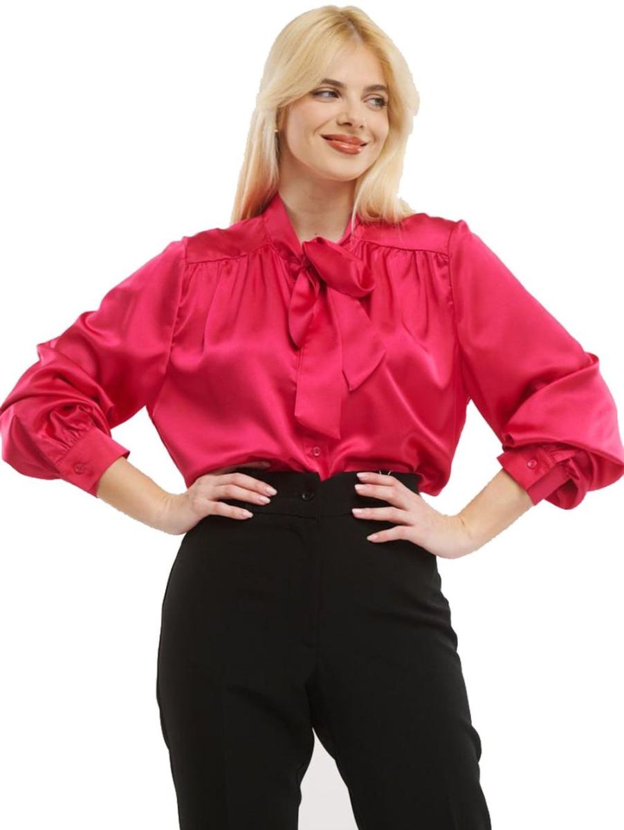 FIBES Γυναικείο μακρυμάνικο σατέν αμπιγέ πουκάμισο 03-6517 Fuxia, Χρώμα Κόκκινο, Μέγεθος 3XL