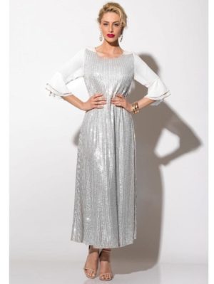 ANNA RAXEVSKY Γυναικείο λευκό ολοκέντητο μάξι φόρεμα με παγιέτες και μουσελίνα D19114 WHITE, Χρώμα Λευκό, Μέγεθος M