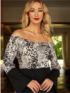 ANNA RAXEVSKY Γυναικεία animal print μπλούζα off shoulder B23219, Μέγεθος XL