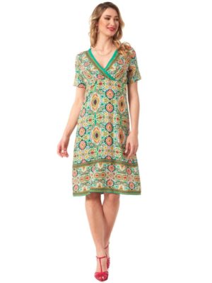 ANNA RAXEVSKY Πράσινο κοντομάνικο κρουαζέ φόρεμα έθνικ D23108 GREEN, Χρώμα Πολύχρωμο, Μέγεθος M