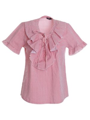 ZUIKI Γυναικείο Ιταλικό ρόζ ριγέ πουκάμισο, βολάν, Χρώμα Ροζ, Μέγεθος M