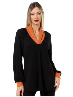 ANNA RAXEVSKY Μαύρη μπλούζα με διχρωμία B22221 ORANGE, Χρώμα Μαύρο, Μέγεθος L