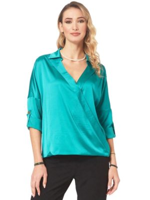 ANNA RAXEVSKY Γυναικεία πετρόλ σατέν κρουαζέ μπλούζα B22235 PETROL, Χρώμα Πράσινο-Λαδί, Μέγεθος S