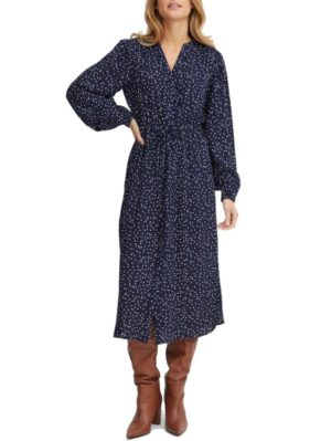 FRANSA Γυναικείο μπλέ πουά midi φλοράλ φόρεμα 20611641-200119, Χρώμα Μπλε Σκούρο, Μέγεθος L