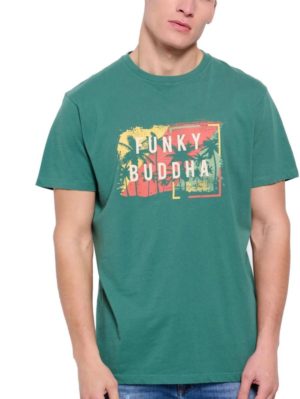 FUNKY BUDDHA Ανδρικό πράσινο T-Shirt Οργανικο Βαμβακι FBM007-047-04 PALM LEAF, Χρώμα Πράσινο-Λαδί, Μέγεθος XXL