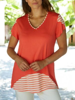 ANNA RAXEVSKY Γυναικεία κοραλί κοντομάνικη μπλούζα ριγέ V B20109 CORAL, Χρώμα Πορτοκαλί, Μέγεθος M