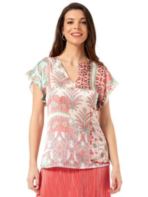 ANNA RAXEVSKY Γυναικείο εμπριμέ σατέν μπλούζα V B24144, Χρώμα Εκρού, Μέγεθος 4XL