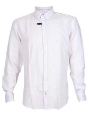 EXPLORER Ανδρικό λευκό μακρυμάνικο λινό πουκάμισο, λινό-μετάξι, Χρώμα Λευκό, Μέγεθος XL