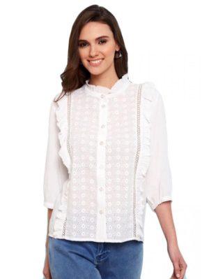 ANNA RAXEVSKY Γυναικείο κοντομάνικο κηπούρ πουκάμισο μάο Z21108, Χρώμα Λευκό, Μέγεθος S